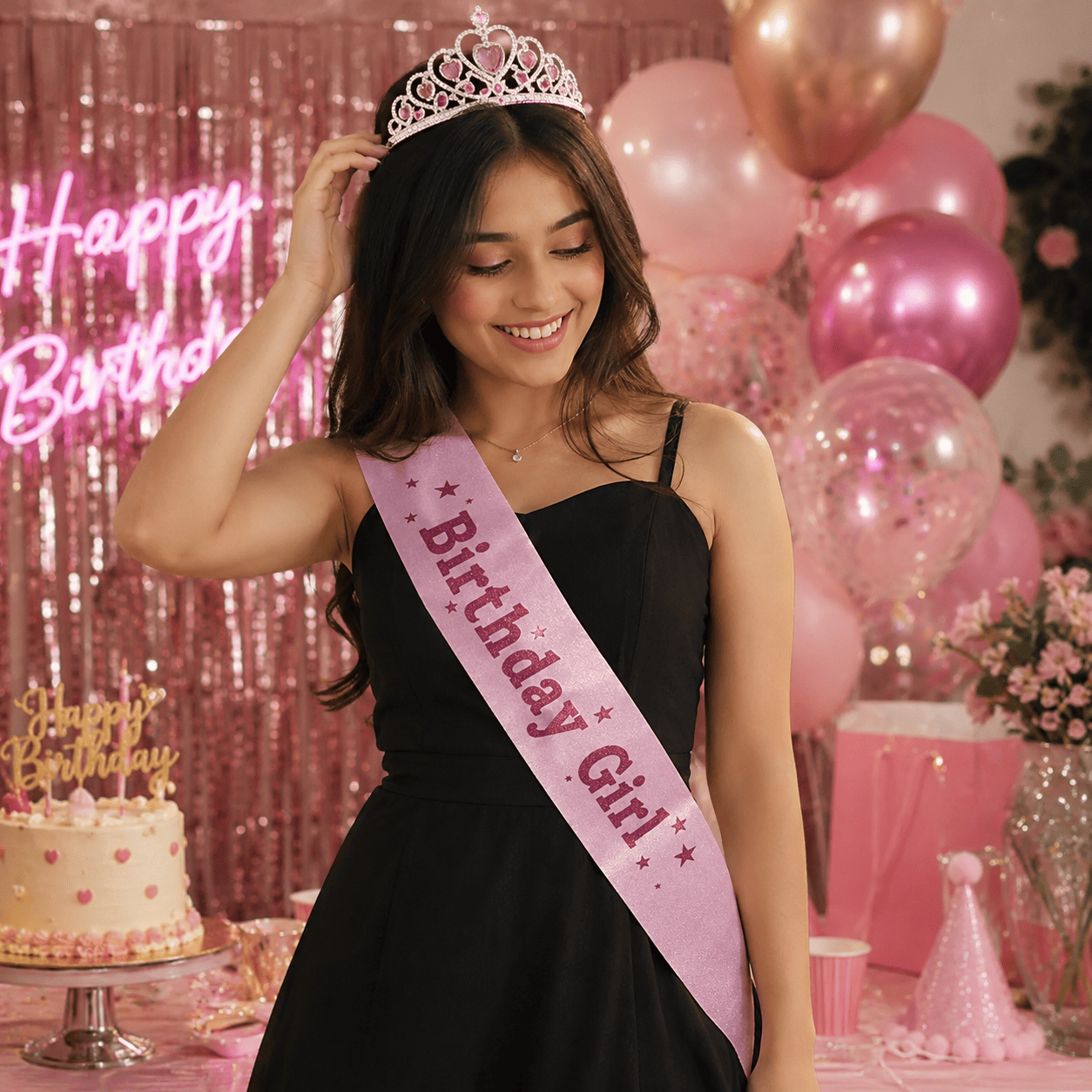 Woman wearing a Birthday Girl sash at a birthday party with balloons, cake and celebration decor.