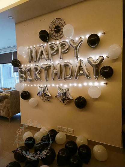 Black and White Balloon Decoration with Fairy Lights | Elegant Party Decor