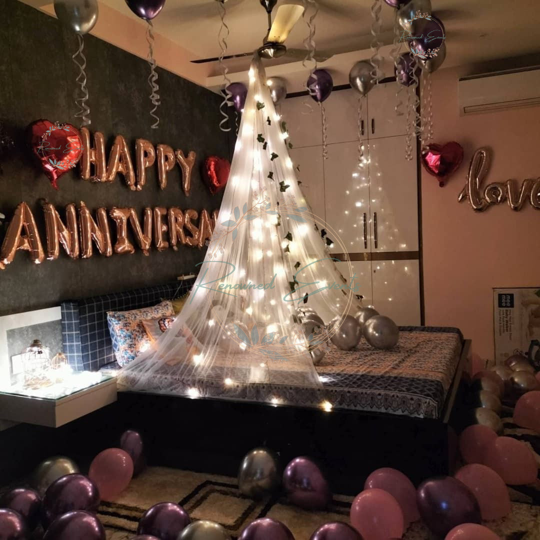Anniversary Cabana Bed Decoration with Rose Petals | Romantic Room Decor