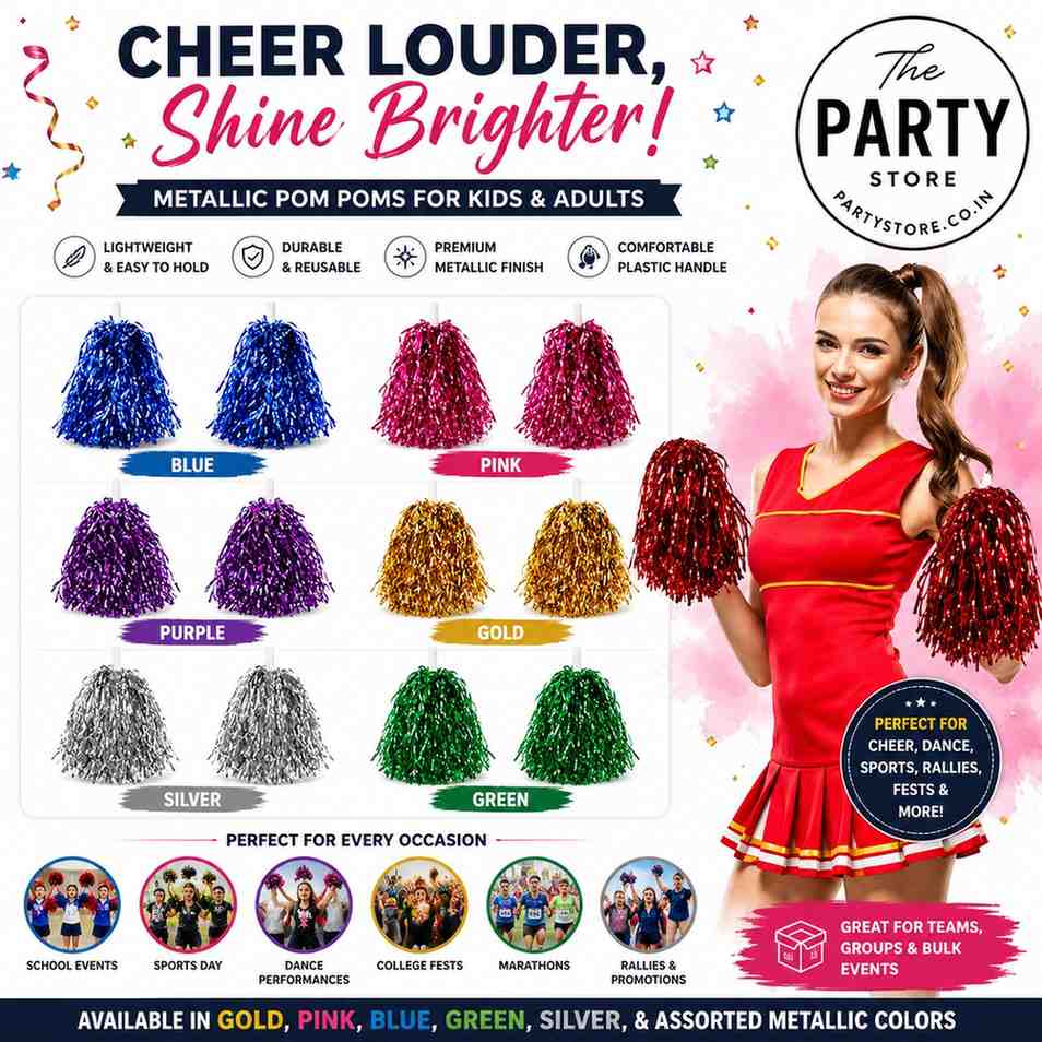 Cheerleader Pom Poms for Kids School Events | Metallic Cheer Pom Poms | The Party Store