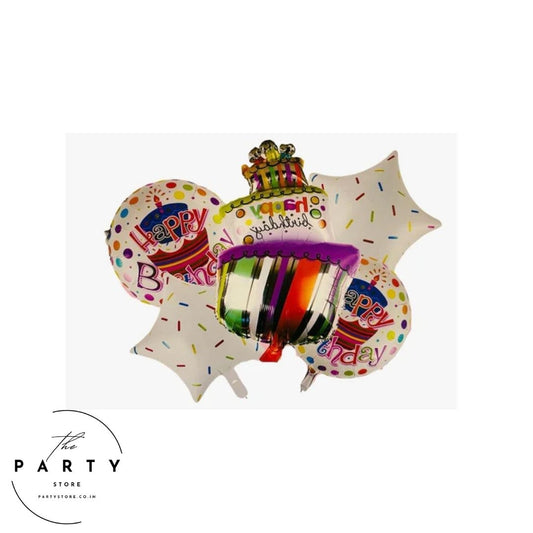 Colorful Cake Theme Happy Birthday foil balloon (Pack of 5 Pcs)