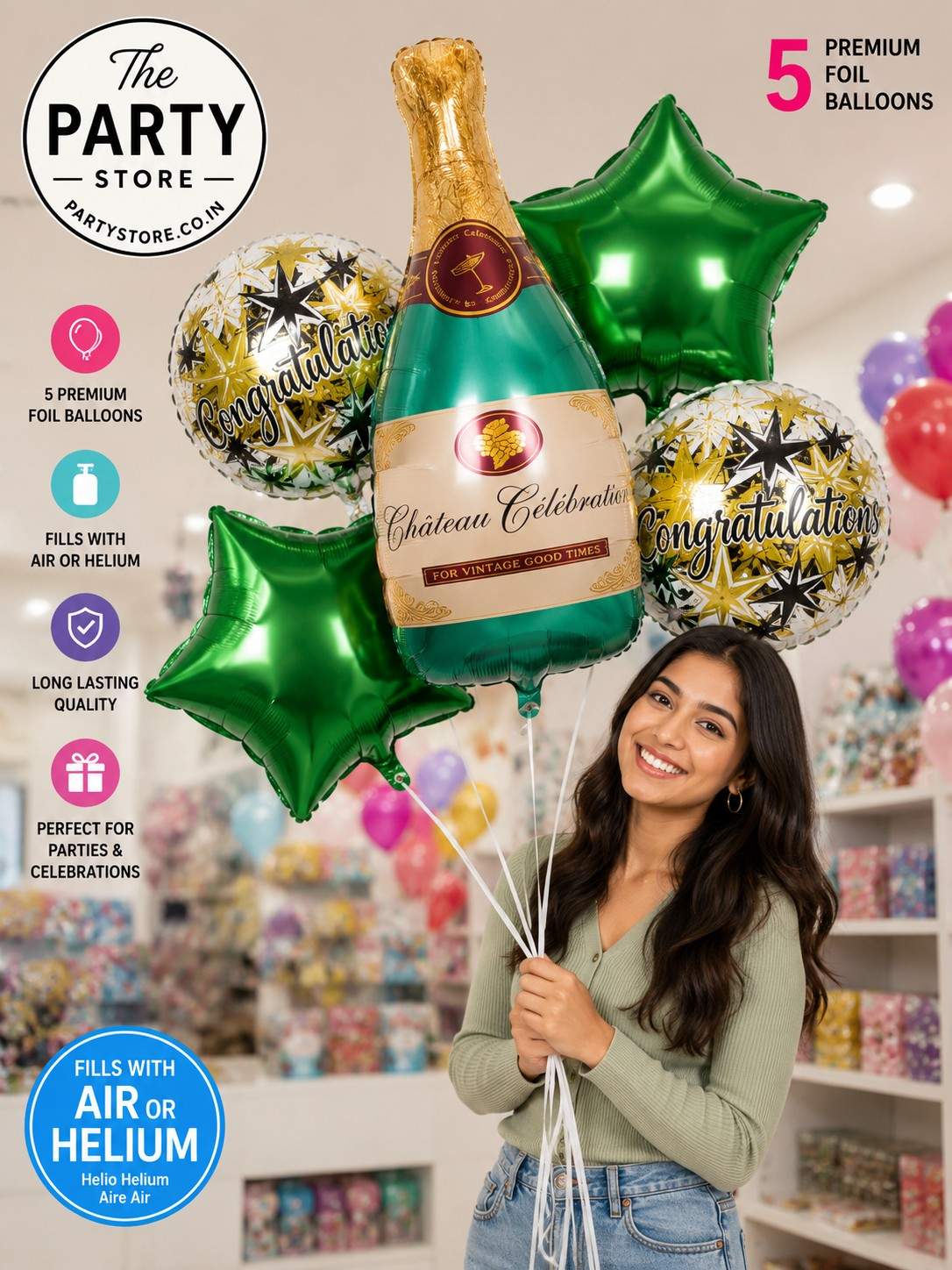 Congratulations Helium Balloon Bouquet Set | Champagne Celebration Foil Balloons | The Party Store