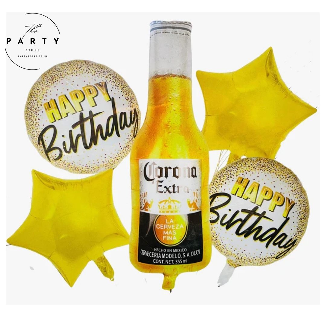 Corona Extra Beer Bottle and Celebration Foil Balloon Set for Birthday (Pack of 5)