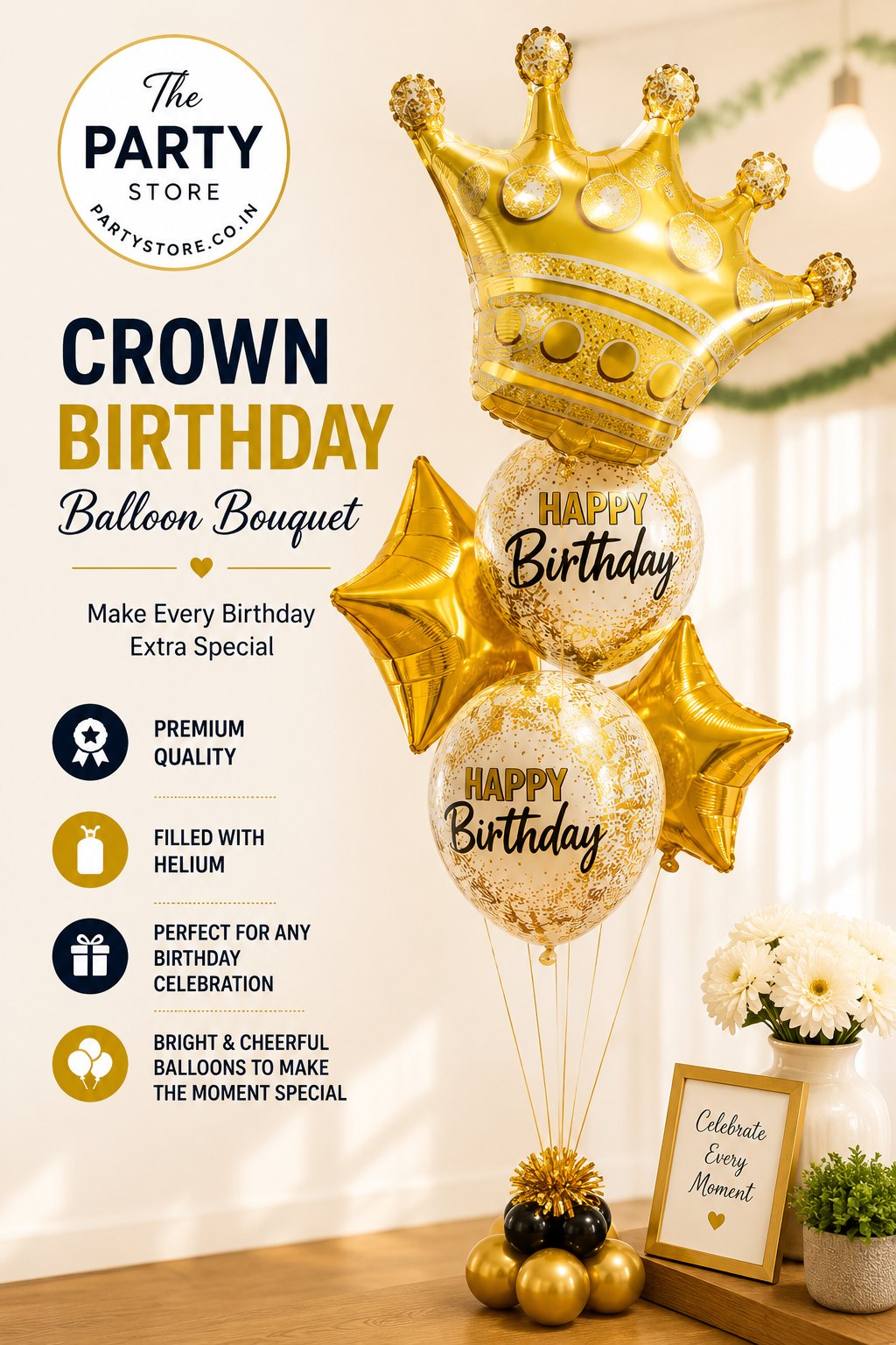 Royal crown birthday helium balloon bouquet featuring a gold crown balloon, star balloons and birthday balloons for elegant birthday celebrations.