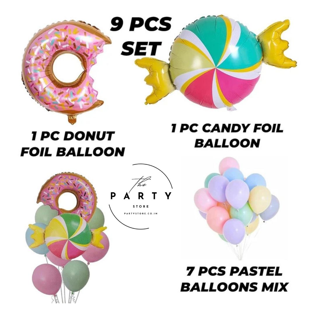 Donut Candy Foil Balloon with Pastel Latex Balloon Tutti Frutti Party, Summer Holiday Party & Event Supplies (Pack of 9Pcs)