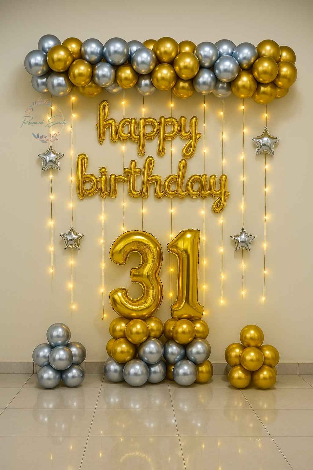 Gold &amp; Silver Balloon Arch Birthday Decoration with Age Foil &amp; Fairy Lights