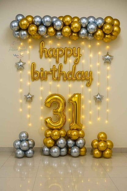 Gold &amp; Silver Balloon Arch Birthday Decoration with Age Foil &amp; Fairy Lights