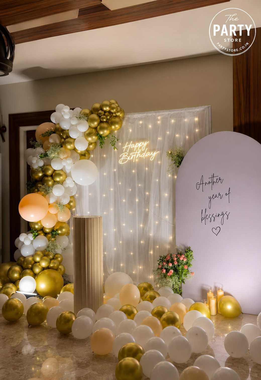 Gold &amp; White Birthday Decoration with Balloon Garland &amp; Flowers | The Party Store