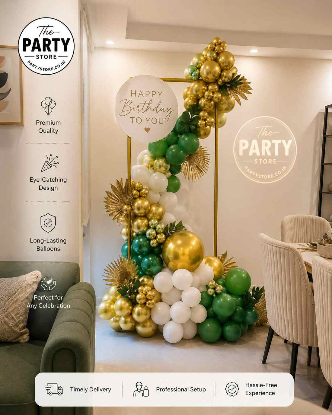 Green &amp; Gold Birthday Balloon Decoration with Backdrop | The Party Store