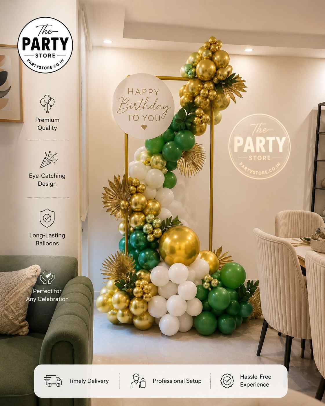 Green &amp; Gold Birthday Balloon Decoration with Backdrop | The Party Store