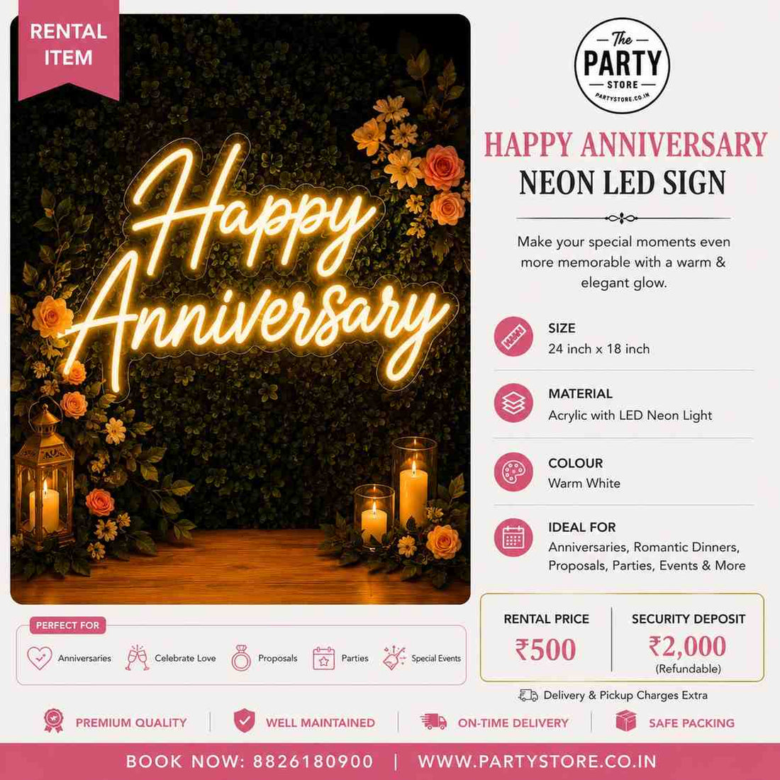 Happy Anniversary Neon LED Sign Rental in Gurgaon, Delhi NCR &amp;  Dehradun| The Party Store