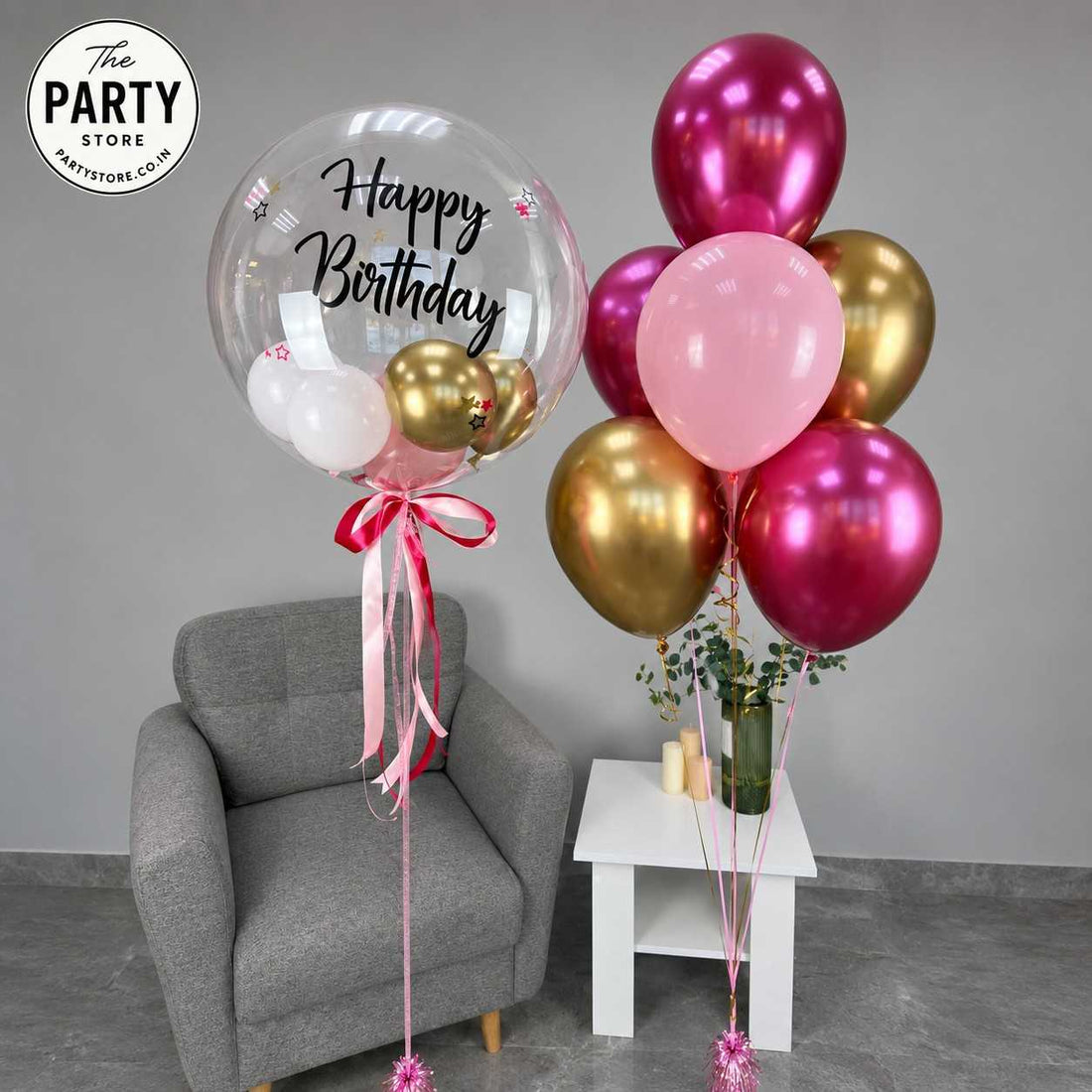 Happy Birthday Bubble Balloon Bouquet with Chrome Helium Balloons