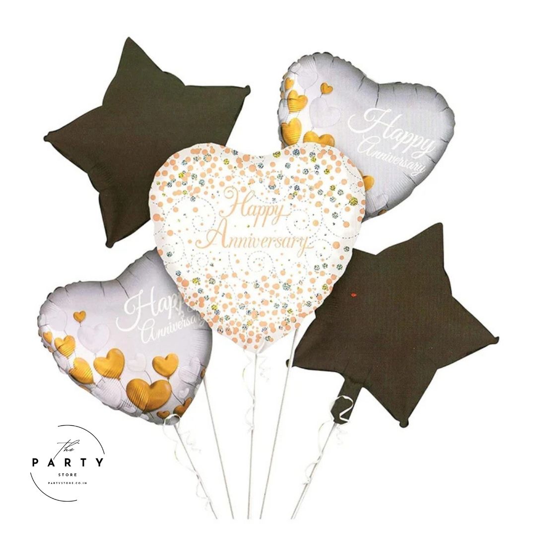 Happy Anniversary Helium Inflatable Foil  Balloon with Heart and Star Balloons for Anniversary Decor (Pack of 5pcs)