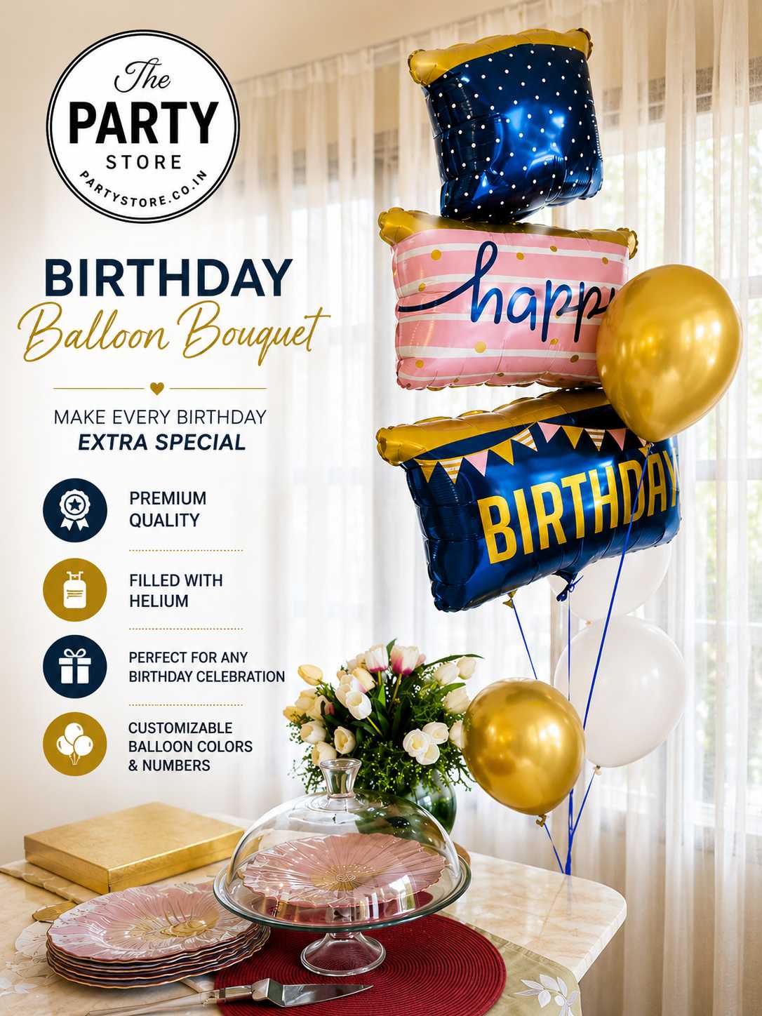 Blue &amp; Gold Happy Birthday Balloon Bouquet | Helium Birthday Balloons