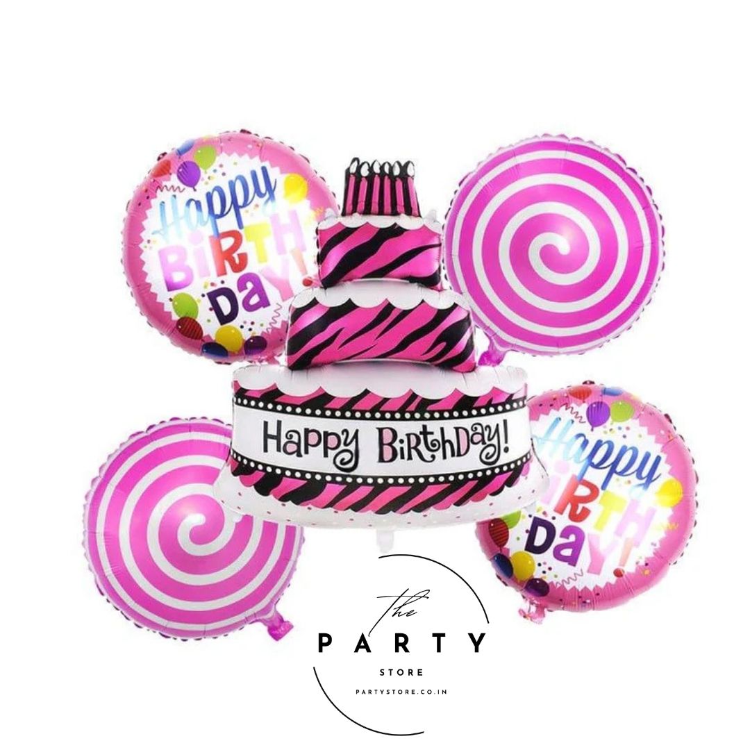 Happy Birthday Cake Shape Kids Birthday Chiller Party Theme Decoration Foil Balloons Pink Pack of 5 Pcs