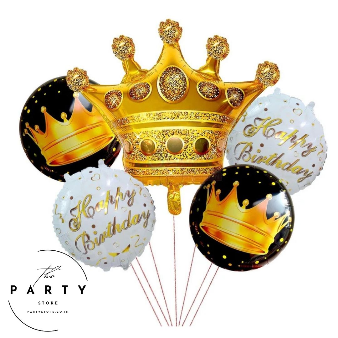 Happy Birthday Foil Golden Crown Balloon Pack of 5