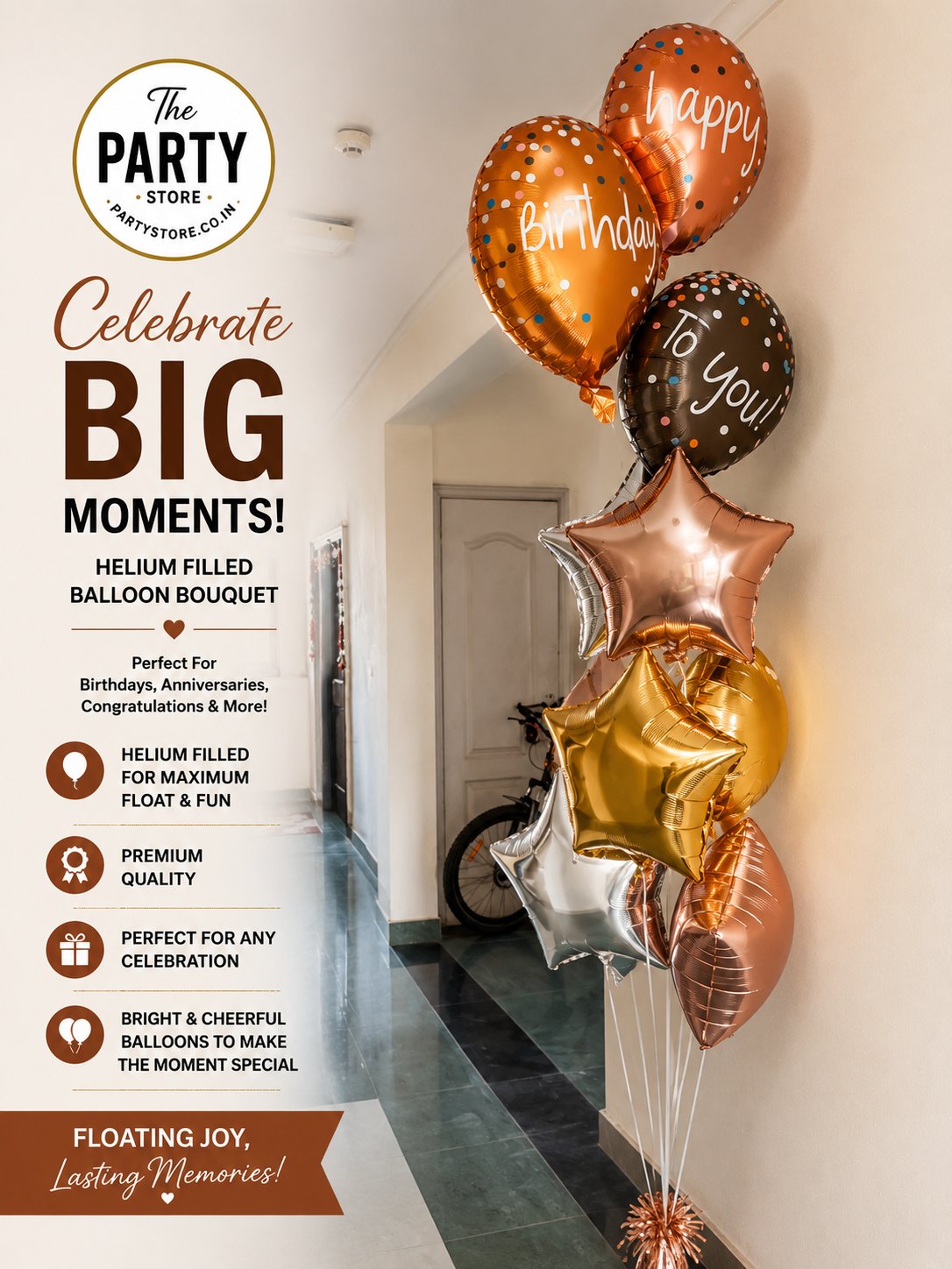 Happy Birthday helium balloon bouquet featuring premium foil balloons in metallic shades, arranged as a floating celebration centerpiece.
