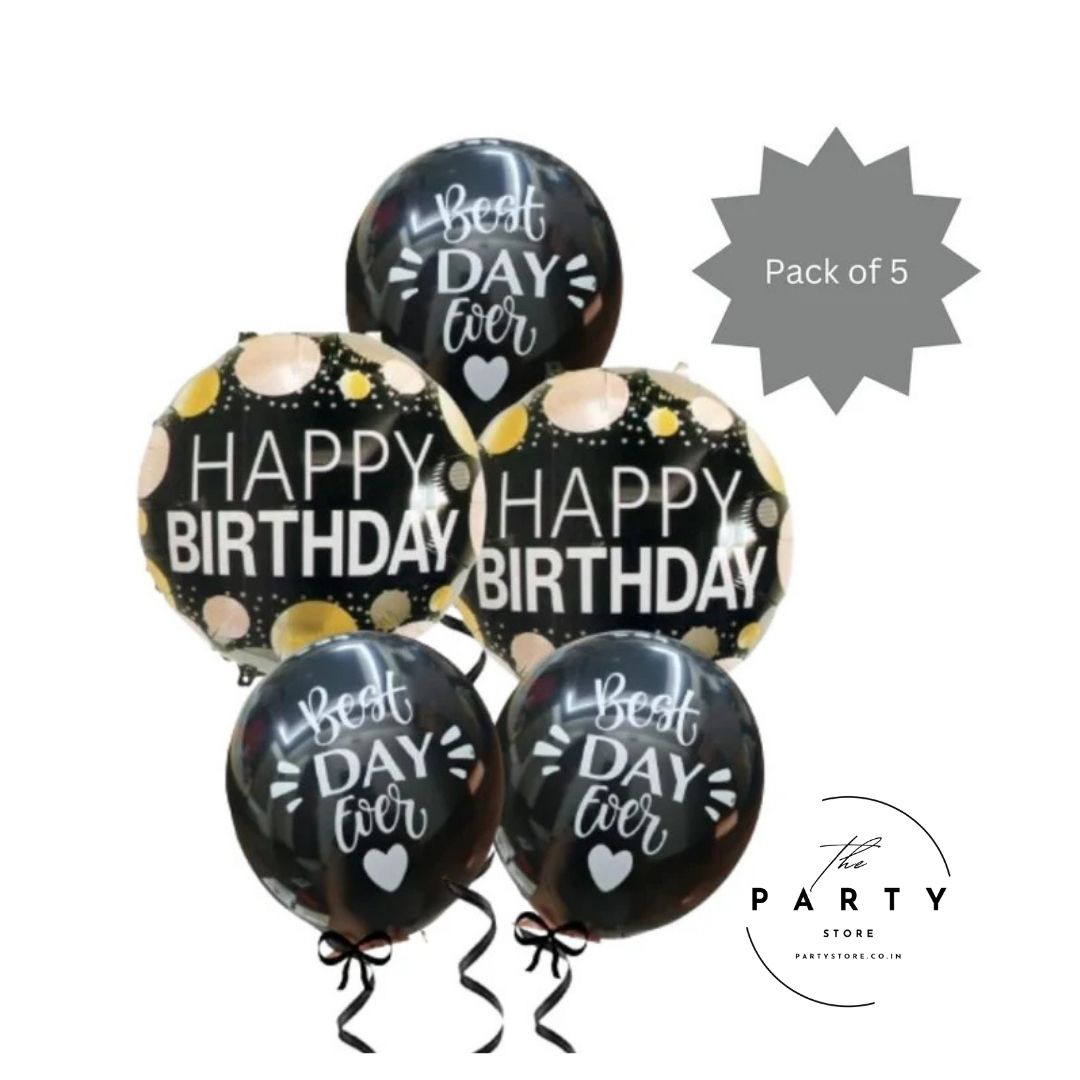 Happy Birthday Printed Foil Balloon with Golden Polka Dot (Pack of 5Pcs)