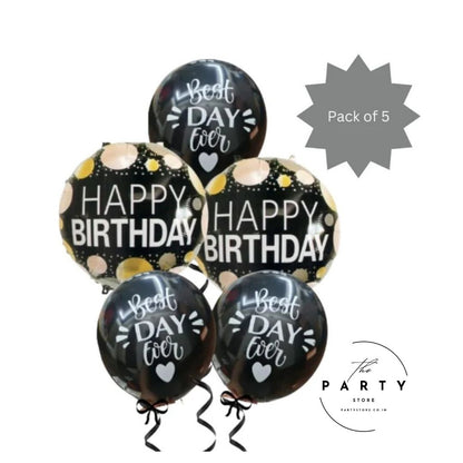 Happy Birthday Printed Foil Balloon with Golden Polka Dot (Pack of 5Pcs)
