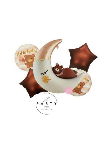 Hello Baby Theme Moon with Teddy Bear Foil Balloon for Baby Shower (Pack of 5Pcs)