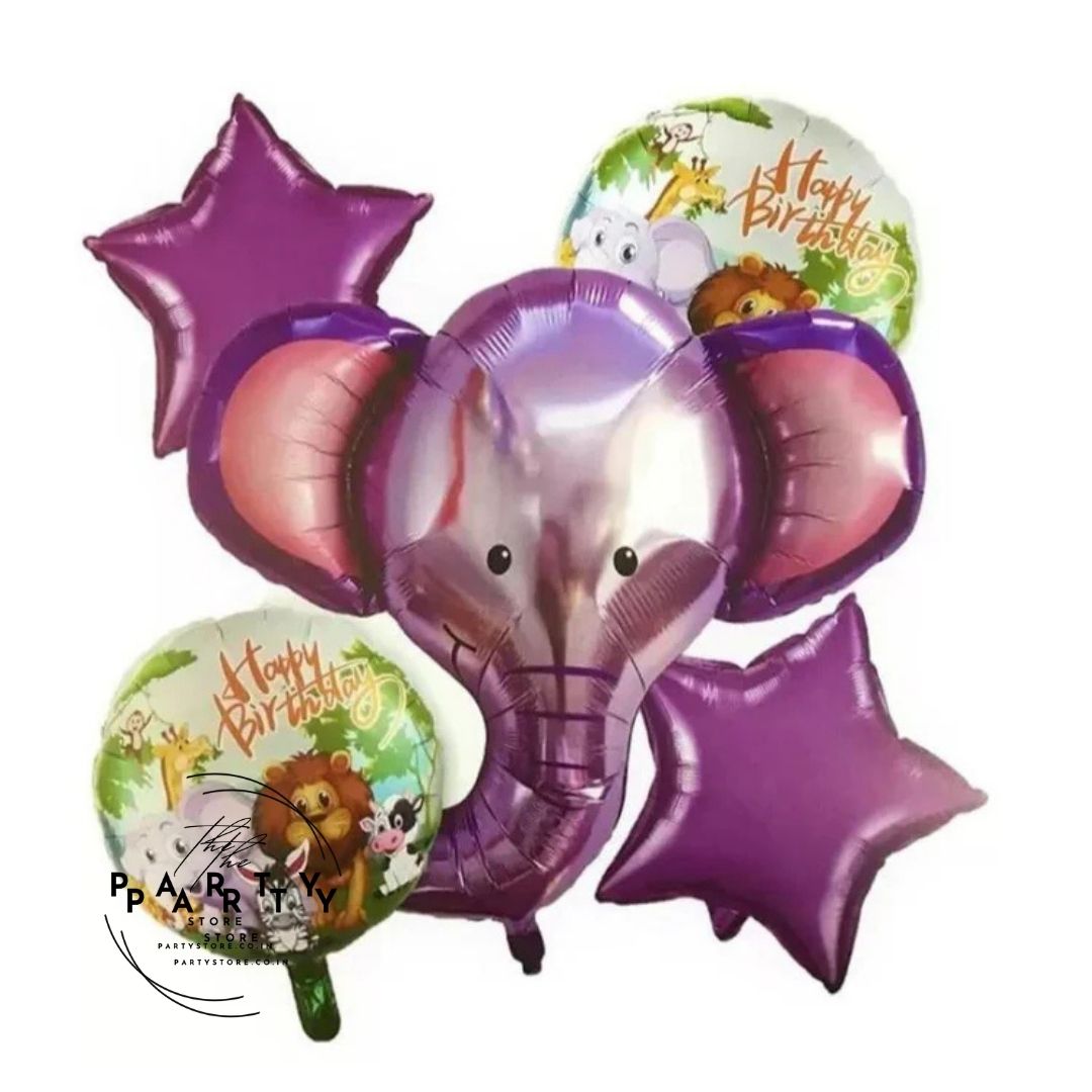 Jungle Safari Elephant Theme Happy Birthday Foil Balloon - Set Of 5