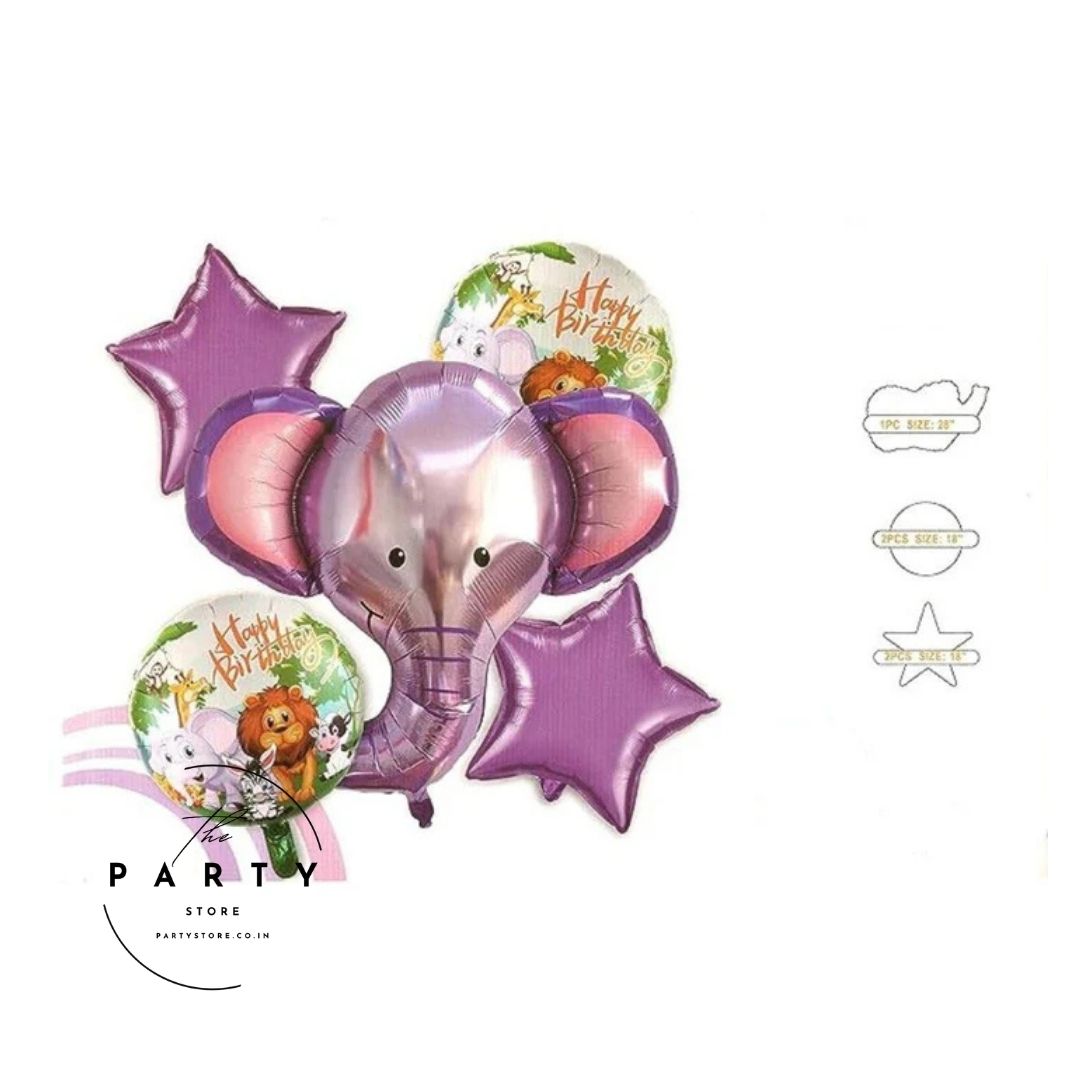 Jungle Safari Elephant Theme Happy Birthday Foil Balloon - Set Of 5