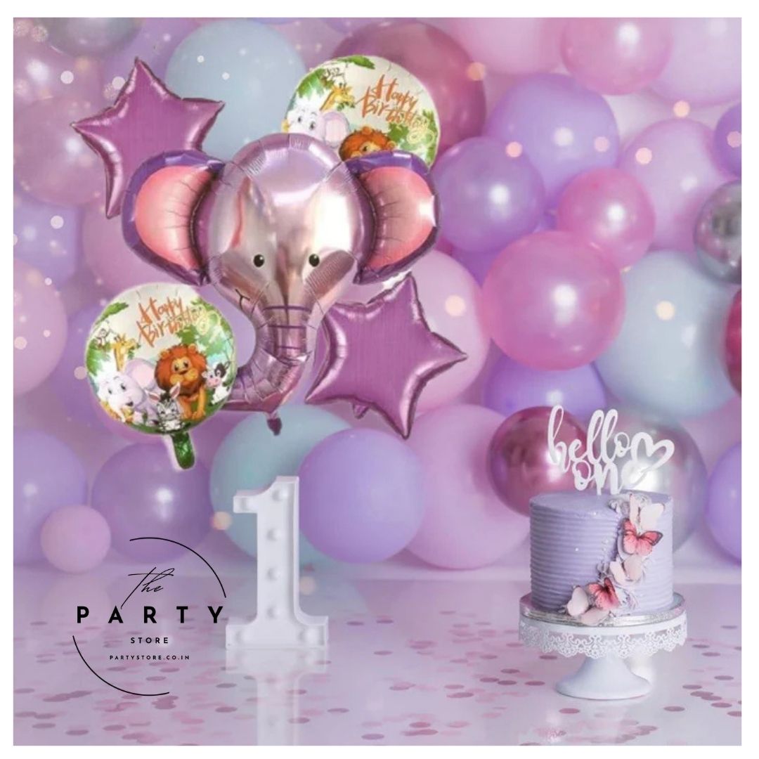 Jungle Safari Elephant Theme Happy Birthday Foil Balloon - Set Of 5