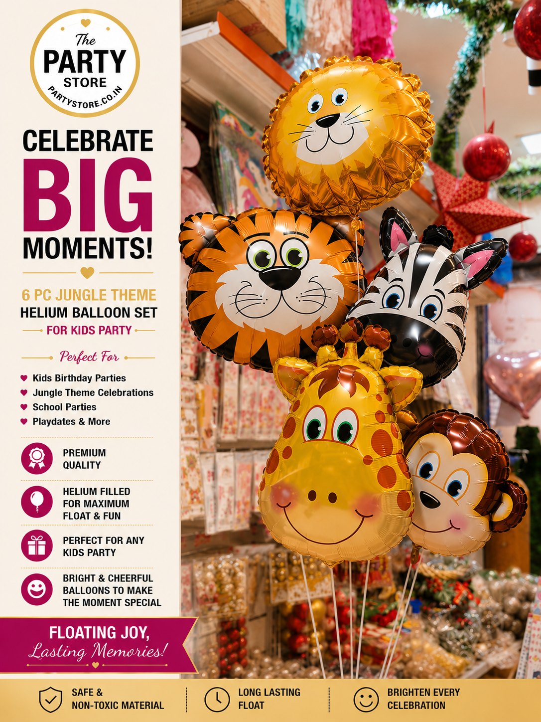 Jungle Theme Helium Balloon Bouquet for Kids Birthday Party | Animal Balloon Set | The Party Store