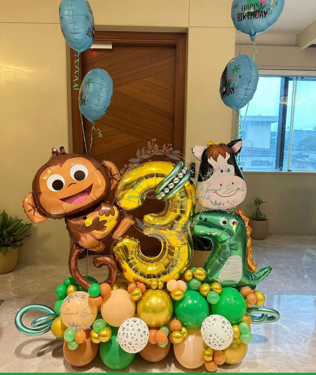 Jungle theme personalized helium balloon bouquet with gold number balloon, monkey, dinosaur, animal foil balloons and organic balloon base for kids birthday decoration.