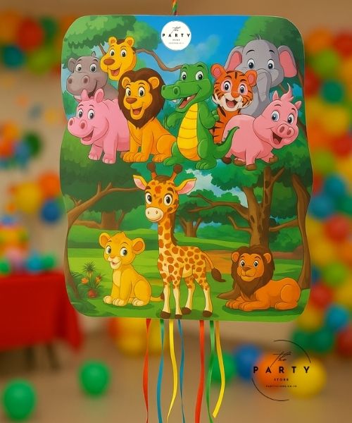 A fun and vibrant jungle-themed piñata bag featuring colorful illustrations of animals like lions, elephants, and monkeys, perfect for holding party favors at kids’ birthday celebrations, designed and branded by The Party Store.