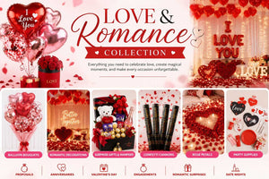 Love & Romance Collection featuring heart-shaped helium balloon bouquets, romantic room decorations, surprise gift hampers, rose petals, confetti cannons, and party supplies for proposals, anniversaries, Valentine's Day, and romantic celebrations.