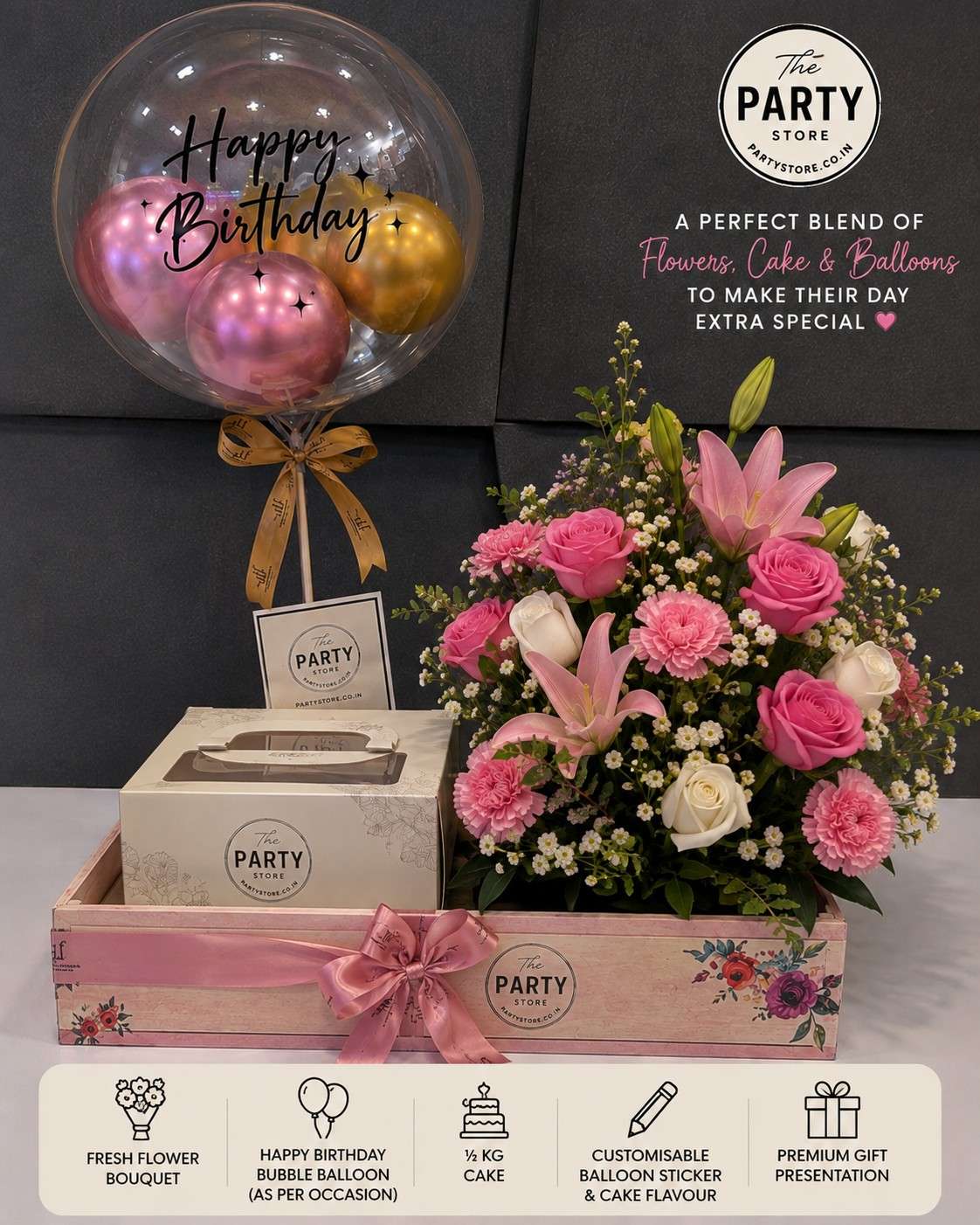 Birthday Flower Bouquet with Cake &amp; Bubble Balloon | The Party Store