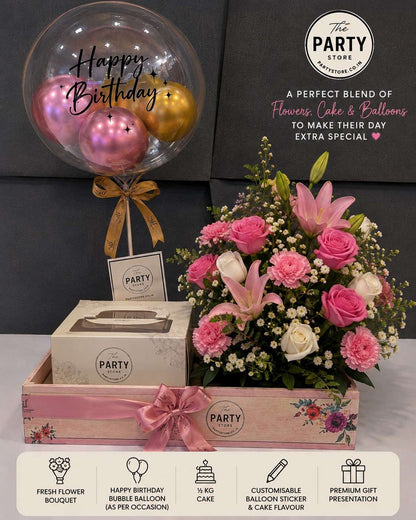 Birthday Flower Bouquet with Cake &amp; Bubble Balloon | The Party Store