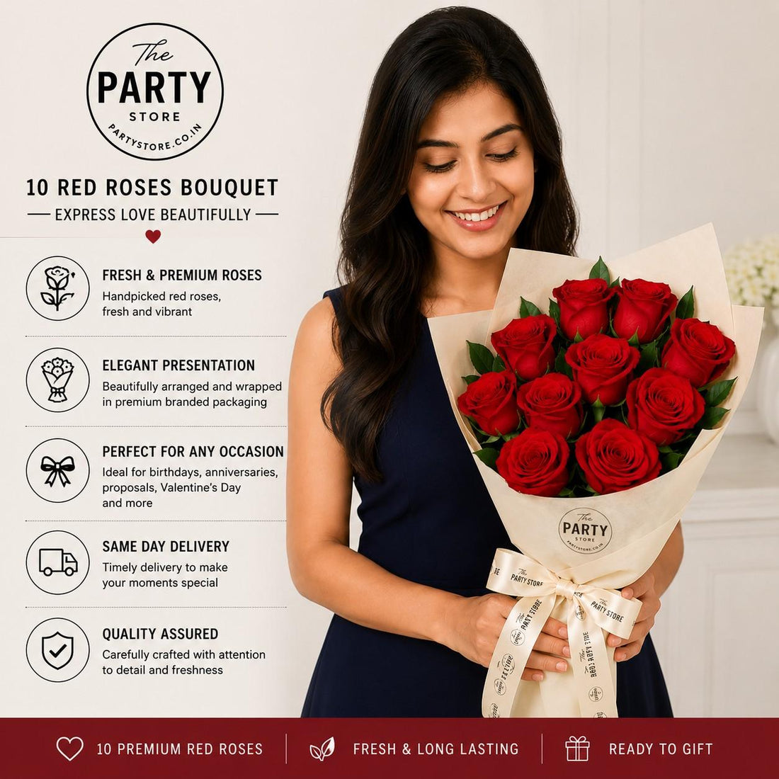 10 Red Roses Bouquet – Premium Fresh Rose Bouquet Delivery | The Party Store