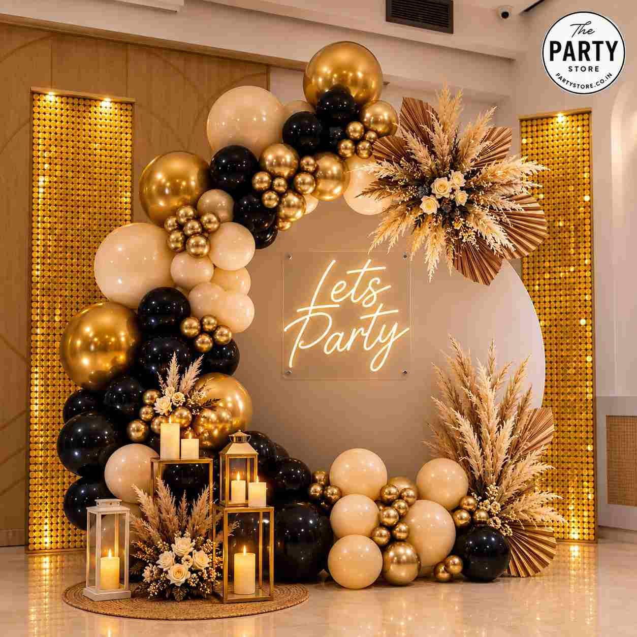 Luxury Gold &amp; Black Birthday Decoration with Balloon Garland | The Party Store
