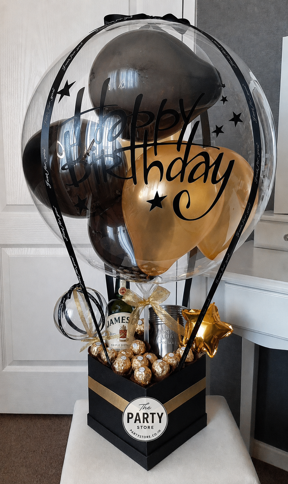 Luxury Whiskey Birthday Balloon Gift Hamper  Black &amp; Gold Celebration Box