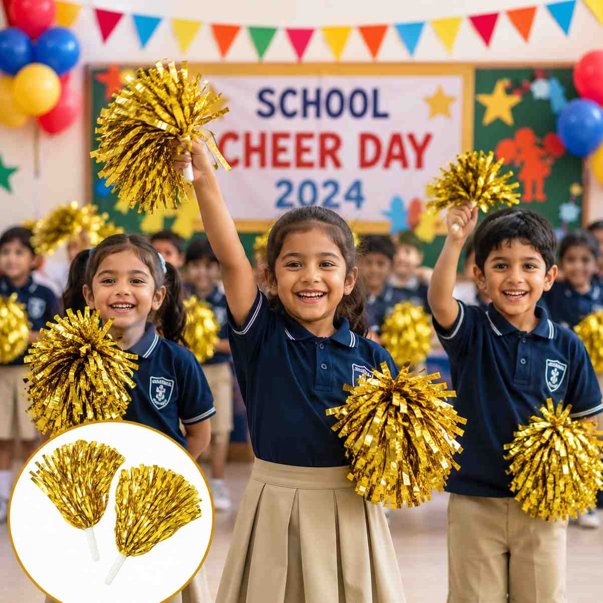 Cheerleader Pom Poms for Kids School Events | Metallic Cheer Pom Poms | The Party Store