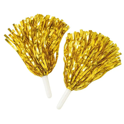 Metallic cheerleader pom poms in blue, pink, purple, gold, green and silver for kids and adults, perfect for school sports day and dance events