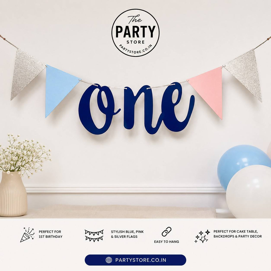 ONE Paper Flags Wall Banner | 1st Birthday Party Decoration