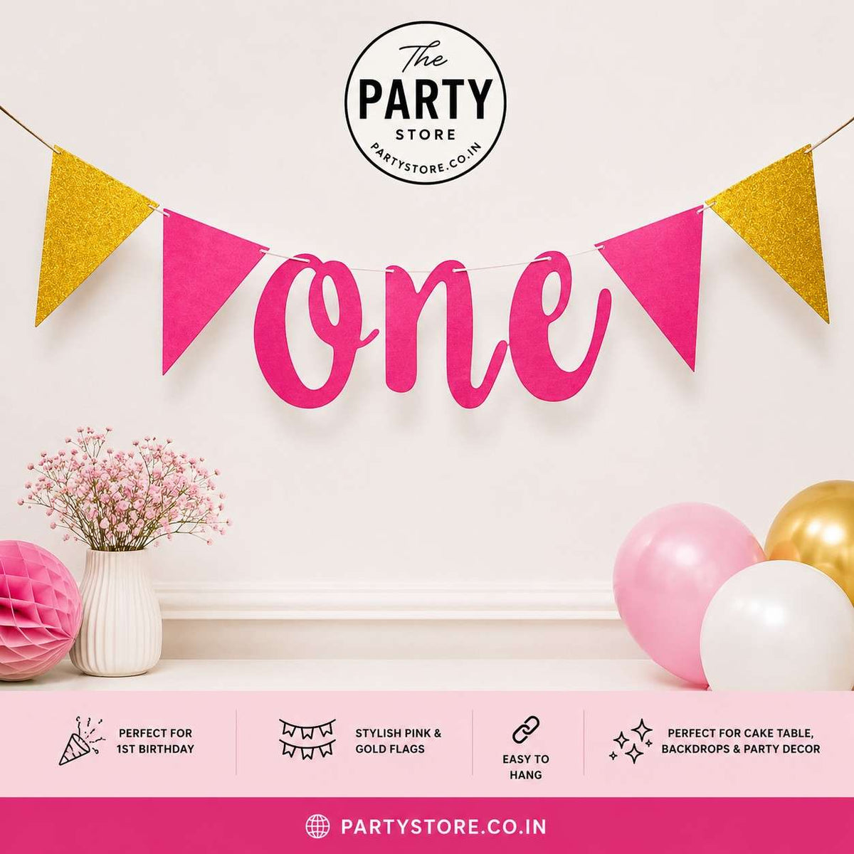 ONE Paper Flags Wall Banner | 1st Birthday Party Decoration