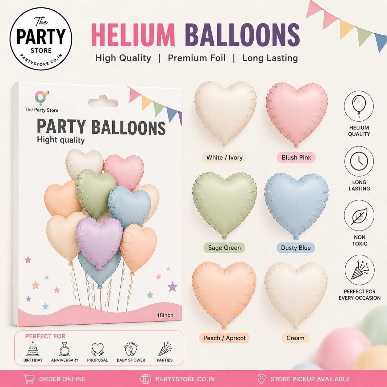 Pastel Heart Foil Helium Balloons 18 Inch | Premium Party Balloons | The Party Store