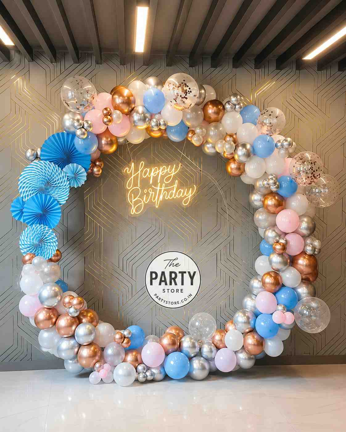 Pastel Balloon Ring Decoration with Happy Birthday Neon &amp; Paper Fans | The Party Store