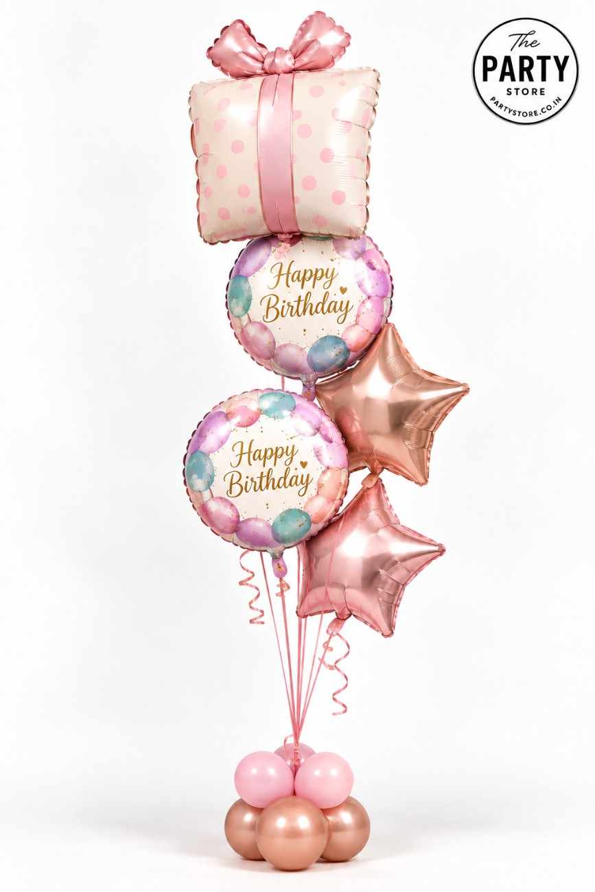 Pastel Pink Birthday Balloon Bouquet with Gift Box &amp; Star Balloons | The Party Store