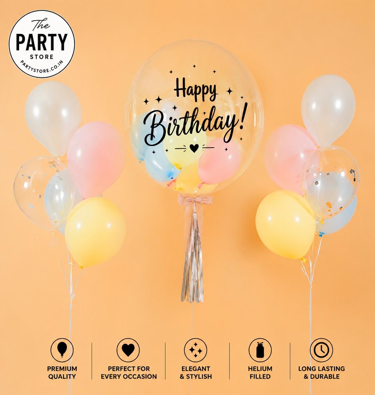 Personalized Bubble Balloon Bouquet with Pastel Helium Balloons | Happy Birthday Balloon | The Party Store