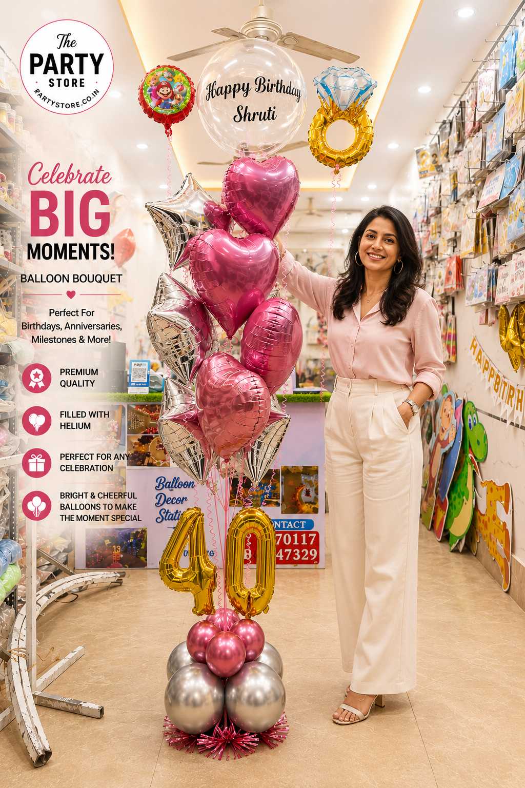 Personalized birthday balloon bouquet with custom name bubble balloon, heart balloons, star balloons, and age number balloons.