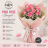 Premium bouquet of fresh pink roses with white gypsophila wrapped in elegant black and gold premium paper, beautifully arranged for gifting. Perfect for birthdays, anniversaries, Valentine&