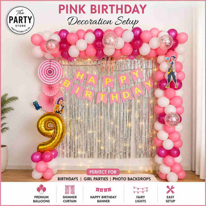 Pink Birthday Decoration with Balloon Arch &amp; Shimmer Curtain