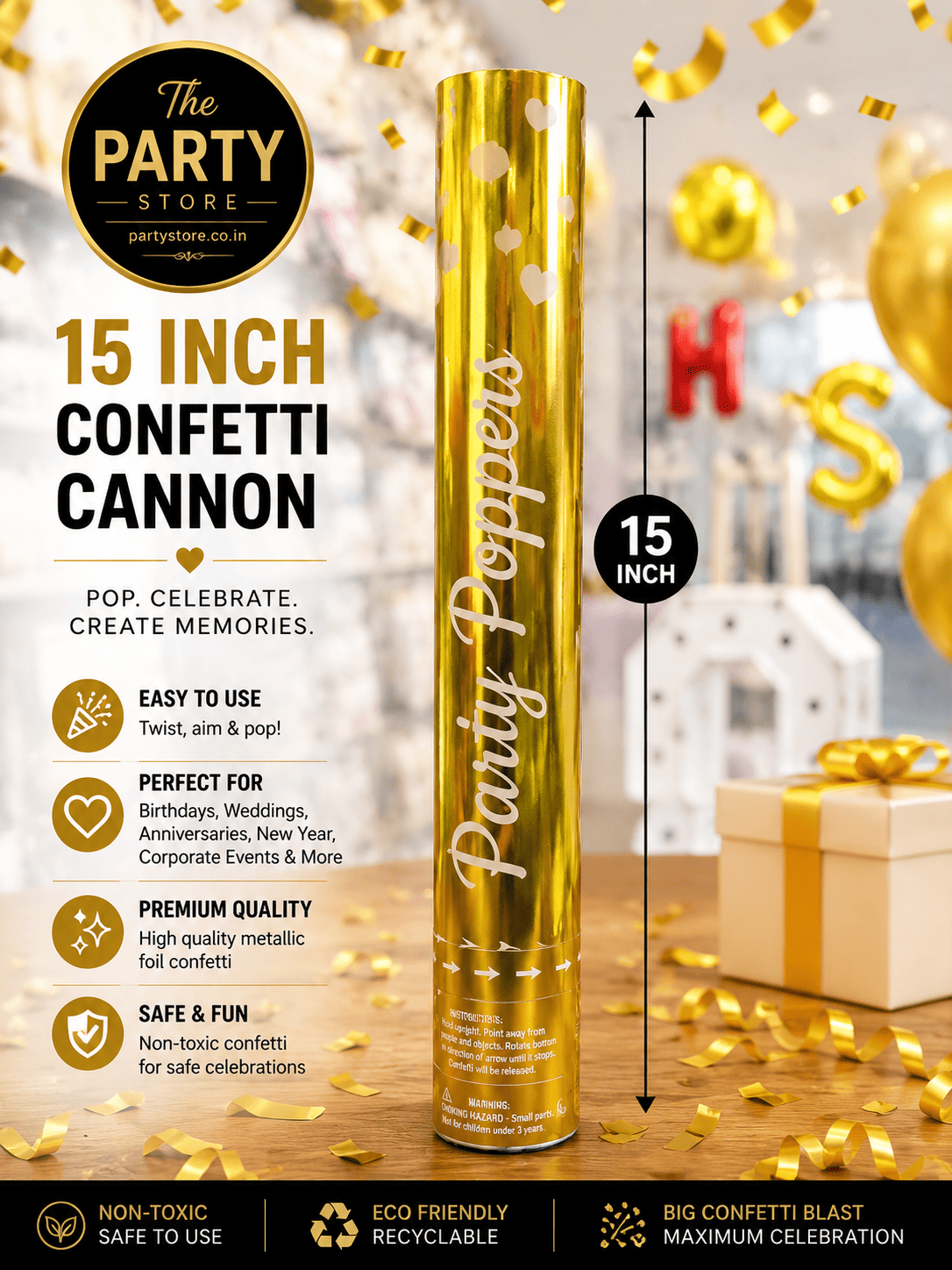 Confetti Cannon Party Popper – Gold, Heart &amp; Rose Petal Confetti Cannons | The Party Store