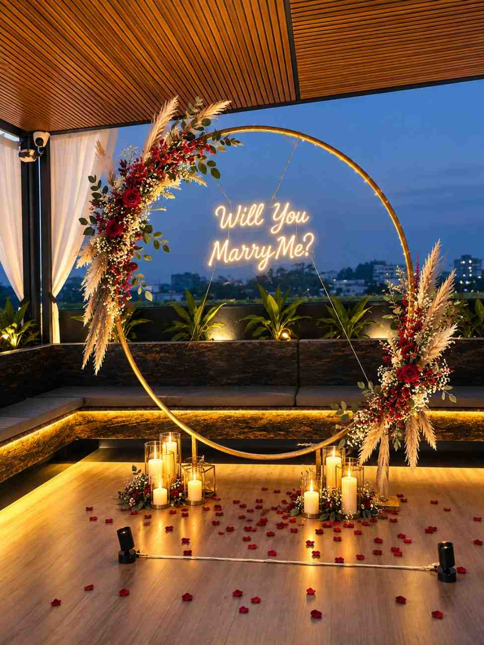 Will You Marry Me Proposal Decoration with Floral Ring &amp; Neon Sign