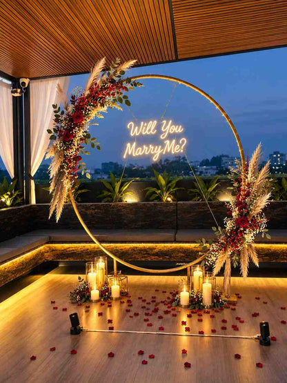 Will You Marry Me Proposal Decoration with Floral Ring &amp; Neon Sign